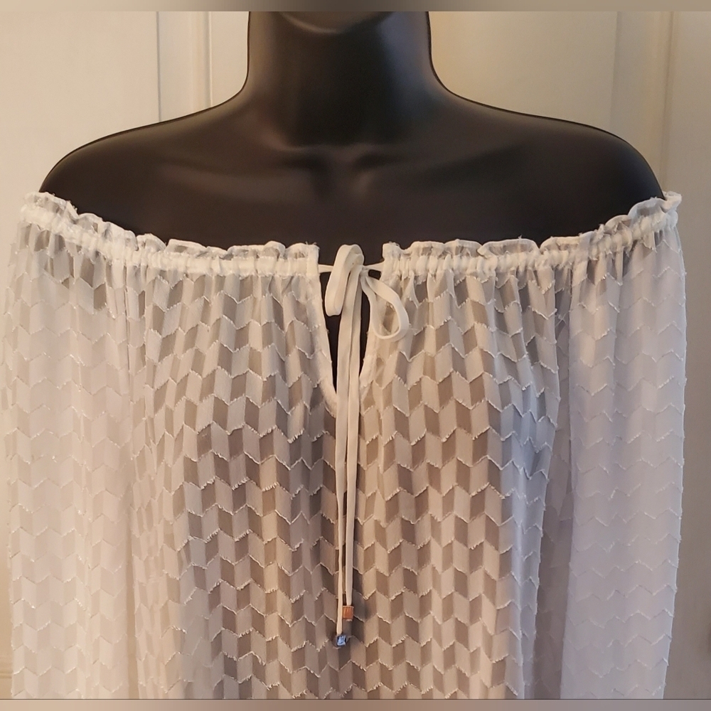White House Black Market White Sheer Long Sleeve Blouse with Tie Detail Size M - Picture 2 of 9